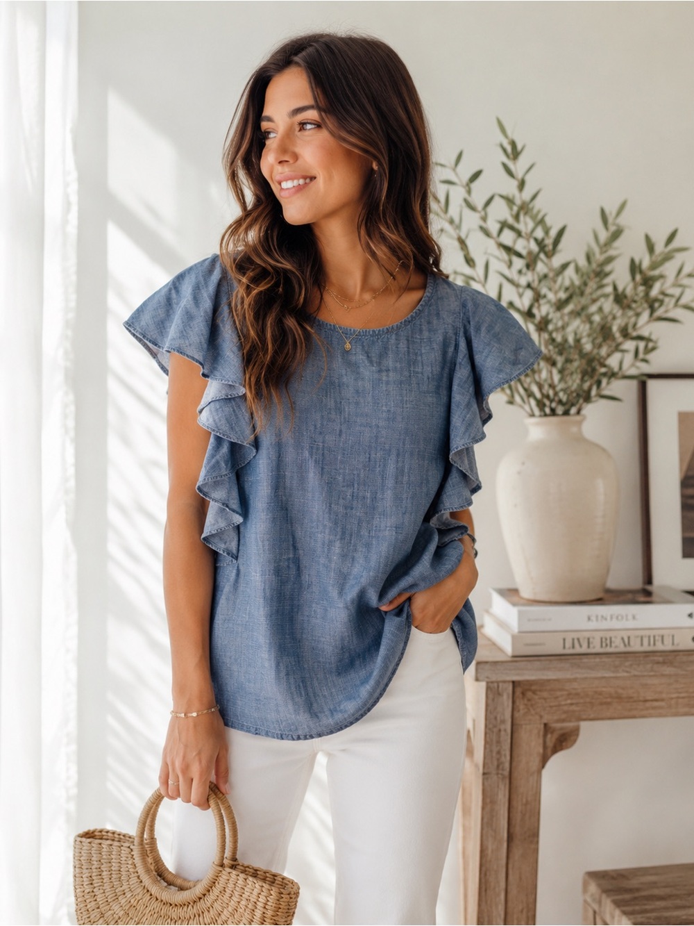 J. Crew Chambray Ruffle Sleeve Women's Top 100% cotton - Blue.  Size 0